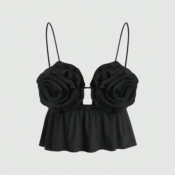 Black Sexy Women's Hollow Out Front Tank Top With 3d Flower Decor - Picture 1 of 4